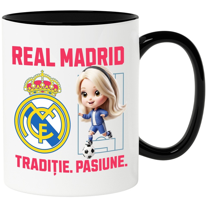 Cana cu Barbie, si Echipa de Fotbal Real Madrid, Ceramica, 330ML, Cu Maner si Interior Negru