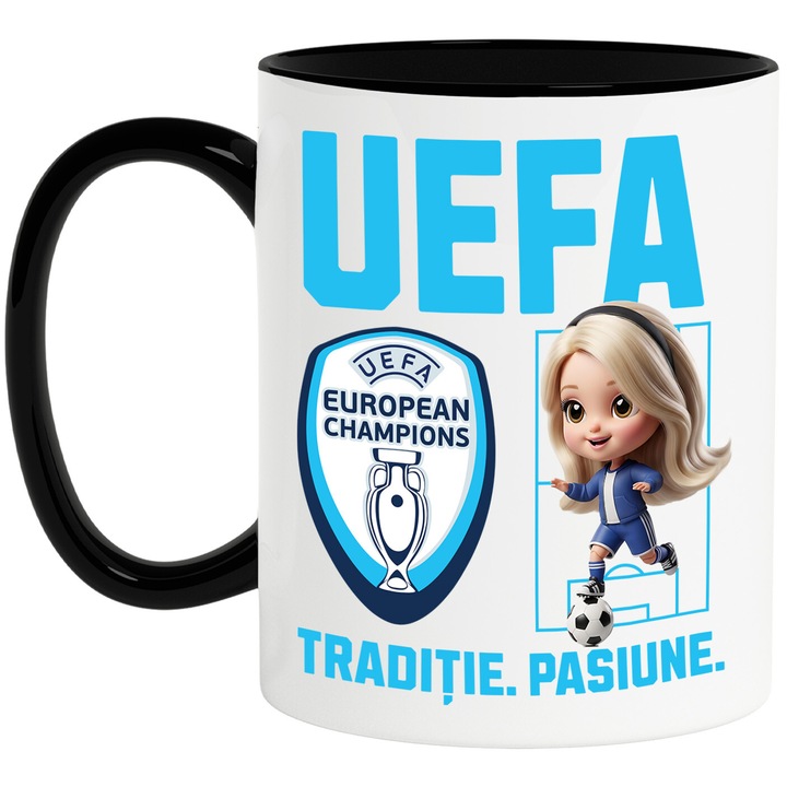 Cana cu Barbie, si Echipa de Fotbal Uefa, Ceramica, 330ML, Cu Maner si Interior Negru