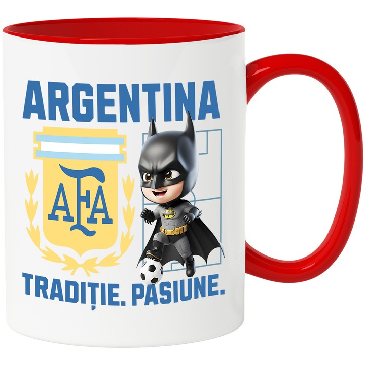 Cana cu Batman, si Echipa de Fotbal Argentina, Ceramica, 330ML, Cu Maner si Interior Rosu