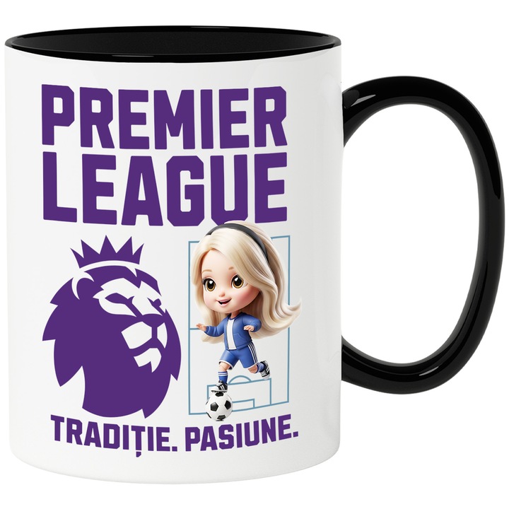 Cana cu Barbie, si Echipa de Fotbal Premier League, Ceramica, 330ML, Cu Maner si Interior Negru