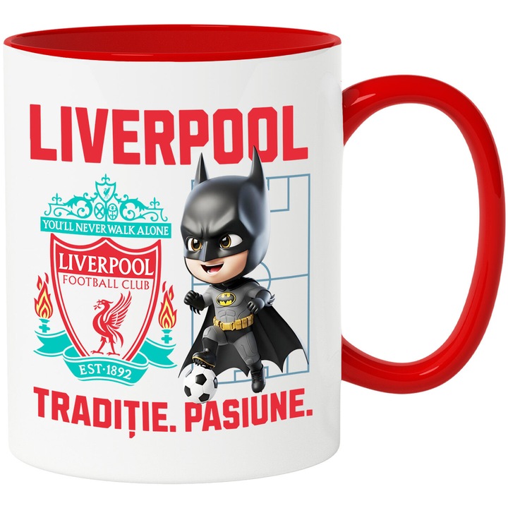 Cana cu Batman, si Echipa de Fotbal Liverpool, Ceramica, 330ML, Cu Maner si Interior Rosu