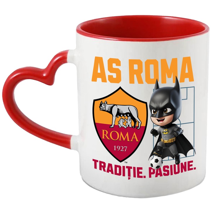 Cana cu Batman, si Echipa de Fotbal AS Roma, Ceramica, 330ML, Cu Maner Inima Rosie si Interior Rosu
