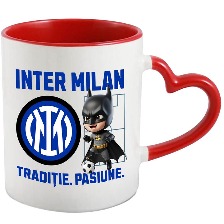 Cana cu Batman, si Echipa de Fotbal Inter Milam, Ceramica, 330ML, Cu Maner Inima Rosie si Interior Rosu