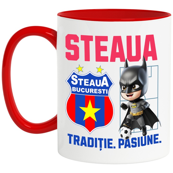 Cana cu Batman, si Echipa de Fotbal Steaua, Ceramica, 330ML, Cu Maner si Interior Rosu