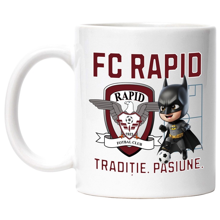 Cana cu Batman, si Echipa de Fotbal FC Rapid, Ceramica, 330ML, Cu Maner si Interior Alb