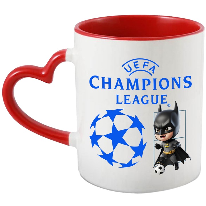 Cana cu Batman, si Echipa de Fotbal Uefa Champions League, Ceramica, 330ML, Cu Maner Inima Rosie si Interior Rosu
