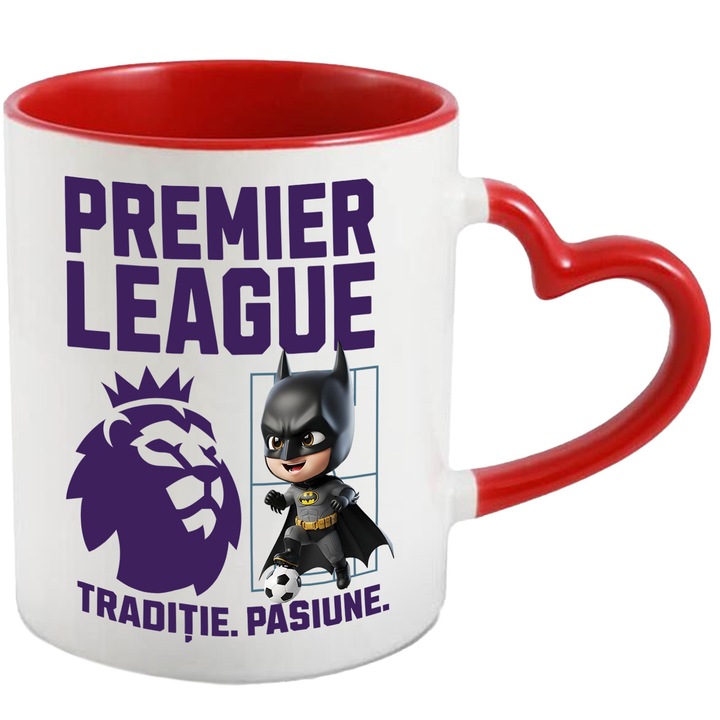 Cana cu Batman, si Echipa de Fotbal Premier League, Ceramica, 330ML, Cu Maner Inima Rosie si Interior Rosu