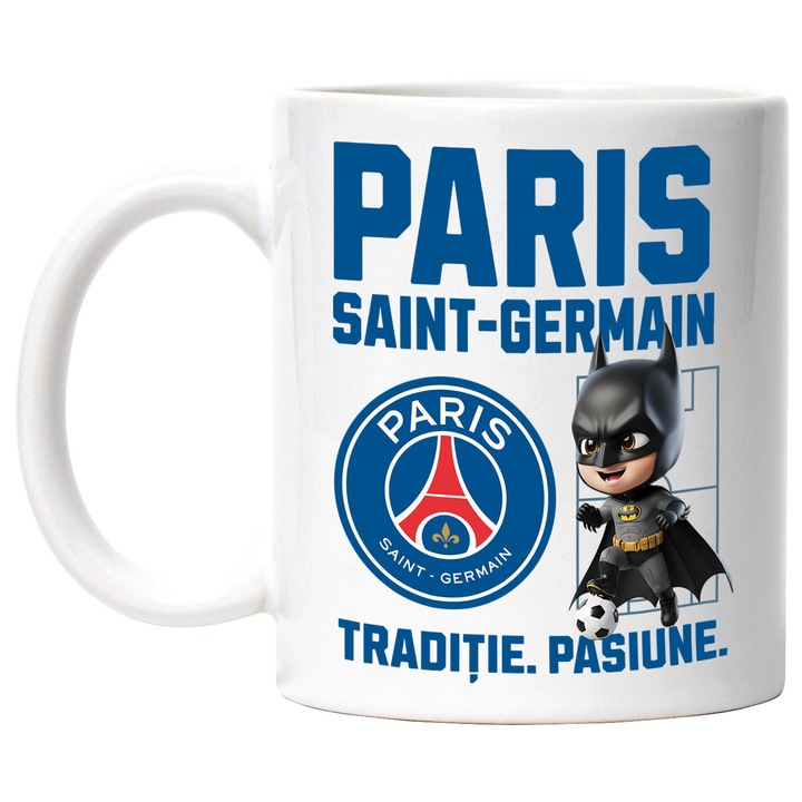 Cana cu Batman, si Echipa de Fotbal Paris Saint Germain, Ceramica, 330ML, Cu Maner si Interior Alb