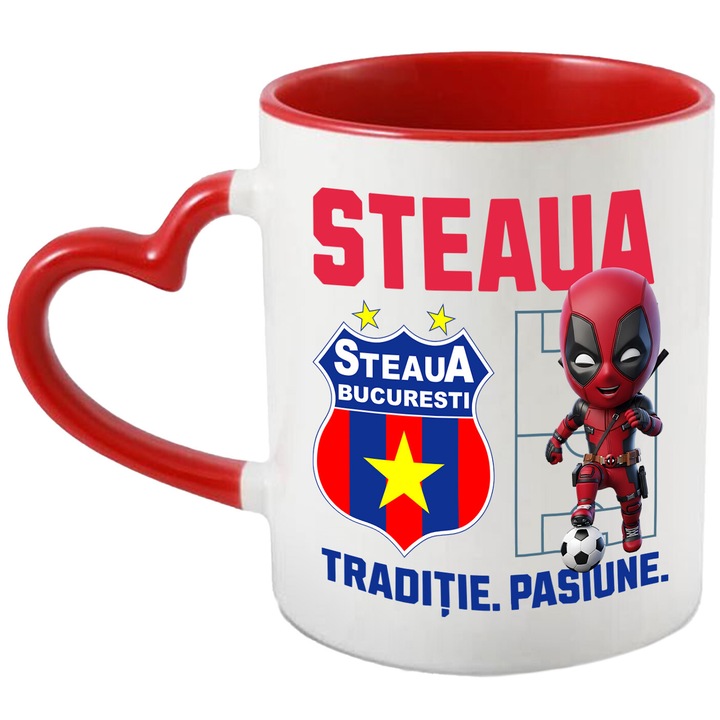 Cana cu Deadpool, si Echipa de Fotbal Steaua, Ceramica, 330ML, Cu Maner Inima Rosie si Interior Rosu