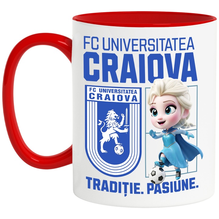 Cana cu Elsa, si Echipa de Fotbal FC Universitatea Craiova, Ceramica, 330ML, Cu Maner si Interior Rosu