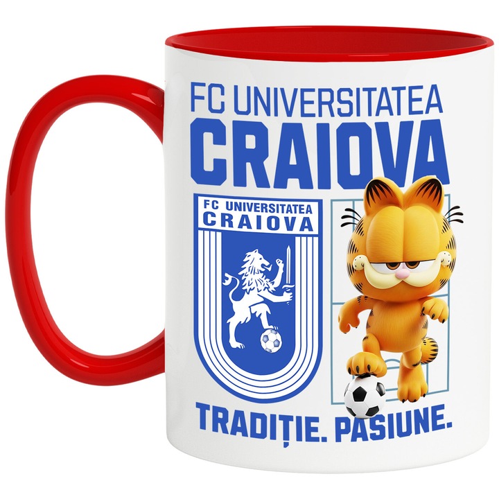 Cana cu Garfield, si Echipa de Fotbal FC Universitatea Craiova, Ceramica, 330ML, Cu Maner si Interior Rosu