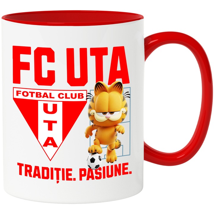 Cana cu Garfield, si Echipa de Fotbal FC UTA, Ceramica, 330ML, Cu Maner si Interior Rosu