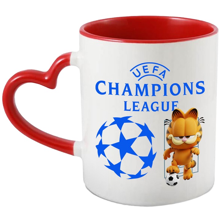 Cana cu Garfield, si Echipa de Fotbal Uefa Champions League, Ceramica, 330ML, Cu Maner Inima Rosie si Interior Rosu