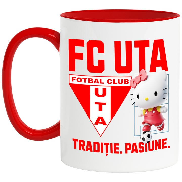 Cana cu Hello Kitty, si Echipa de Fotbal FC UTA, Ceramica, 330ML, Cu Maner si Interior Rosu