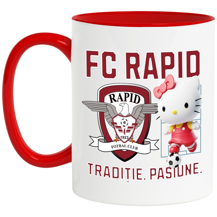 Cana cu Hello Kitty, si Echipa de Fotbal FC Rapid, Ceramica, 330ML, Cu Maner si Interior Rosu