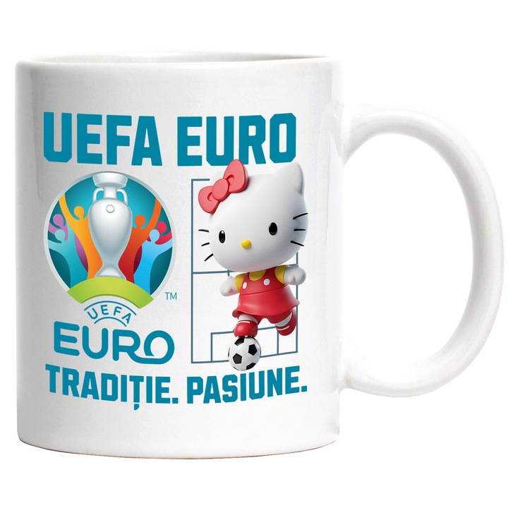 Cana cu Hello Kitty, si Echipa de Fotbal Uefa Euro, Ceramica, 330ML, Cu Maner si Interior Alb