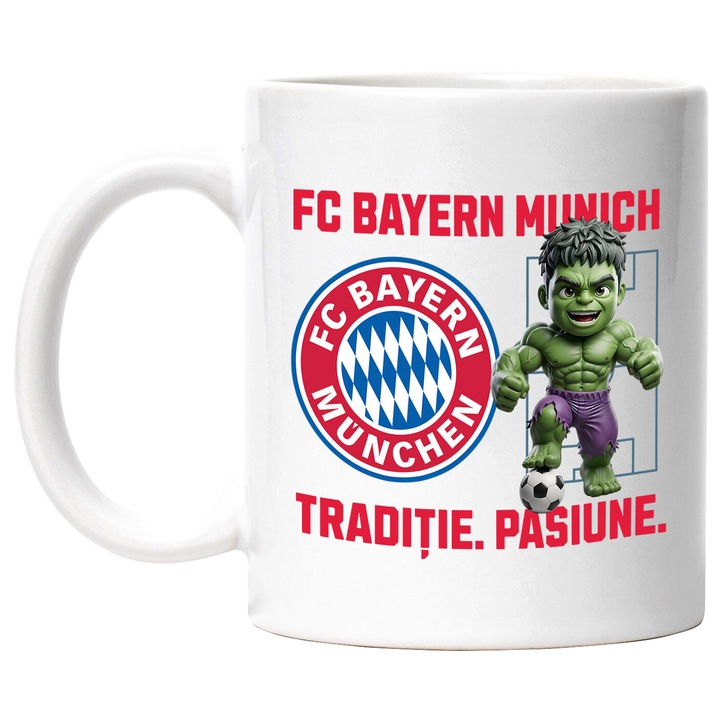 Cana cu Hulk, si Echipa de Fotbal FC Batern Munich, Ceramica, 330ML, Cu Maner si Interior Alb