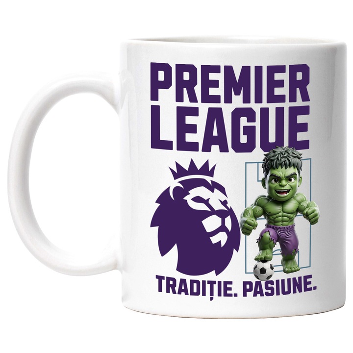 Cana cu Hulk, si Echipa de Fotbal Premier League, Ceramica, 330ML, Cu Maner si Interior Alb