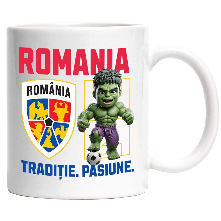 Cana cu Hulk, si Echipa de Fotbal Romania, Ceramica, 330ML, Cu Maner si Interior Alb