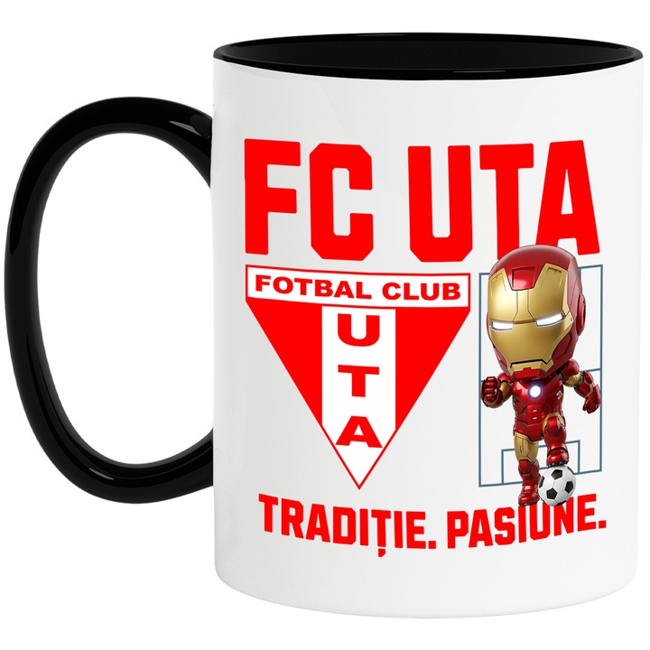 Cana cu Iron Man, si Echipa de Fotbal FC UTA, Ceramica, 330ML, Cu Maner si Interior Negru