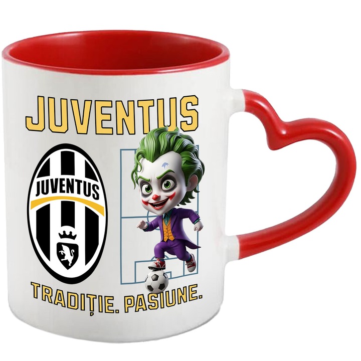 Cana cu Joker, si Echipa de Fotbal Juventus, Ceramica, 330ML, Cu Maner Inima Rosie si Interior Rosu