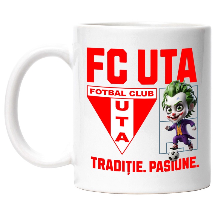 Cana cu Joker, si Echipa de Fotbal FC UTA, Ceramica, 330ML, Cu Maner si Interior Alb