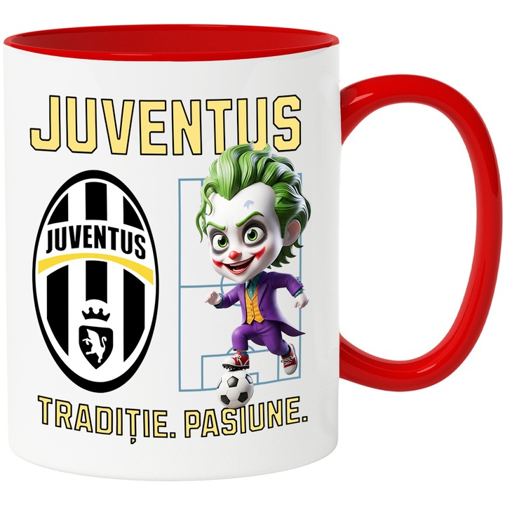 Cana cu Joker, si Echipa de Fotbal Juventus, Ceramica, 330ML, Cu Maner si Interior Rosu