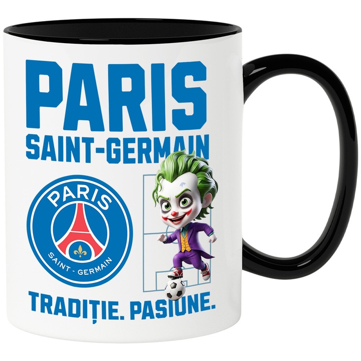 Cana cu Joker, si Echipa de Fotbal Paris Saint Germain, Ceramica, 330ML, Cu Maner si Interior Negru