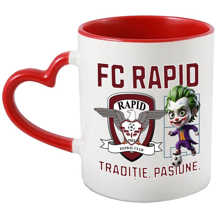 Cana cu Joker, si Echipa de Fotbal FC Rapid, Ceramica, 330ML, Cu Maner Inima Rosie si Interior Rosu