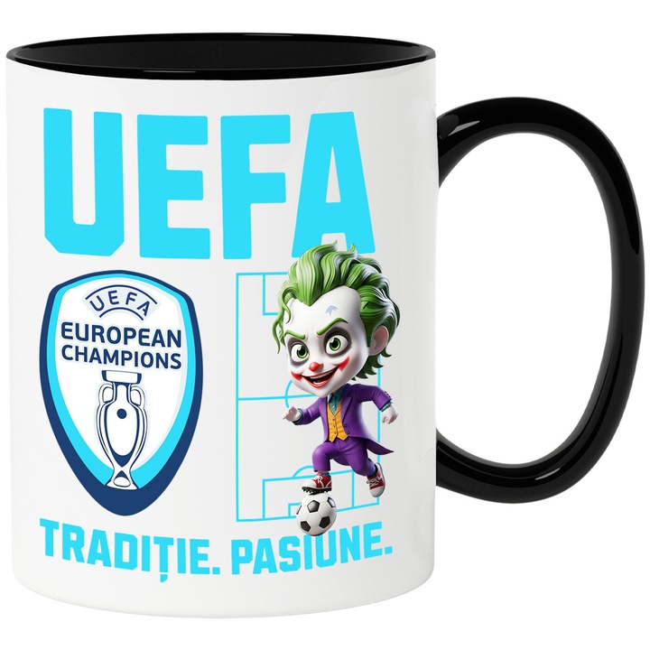 Cana cu Joker, si Echipa de Fotbal Uefa, Ceramica, 330ML, Cu Maner si Interior Negru