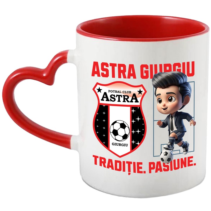 Cana cu Ken Barbie, si Echipa de Fotbal Astra Giurgiu, Ceramica, 330ML, Cu Maner Inima Rosie si Interior Rosu