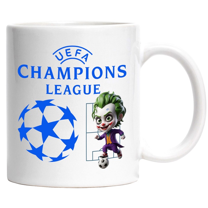 Cana cu Joker, si Echipa de Fotbal Uefa Champions League, Ceramica, 330ML, Cu Maner si Interior Alb