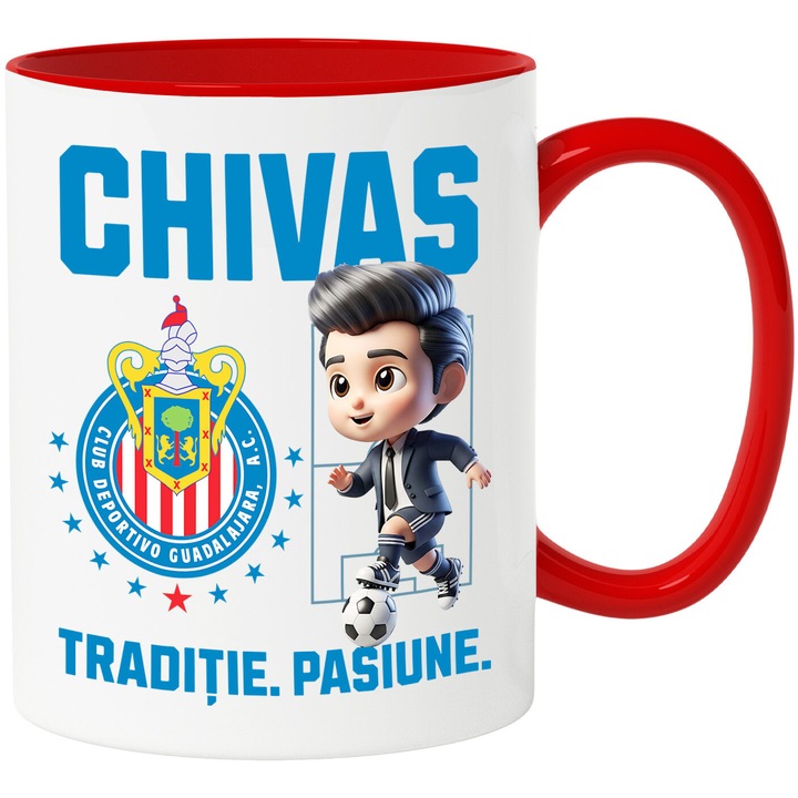 Cana cu Ken Barbie, si Echipa de Fotbal Chivas, Ceramica, 330ML, Cu Maner si Interior Rosu