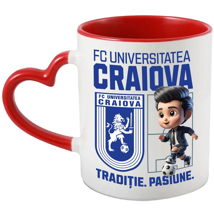 Cana cu Ken Barbie, si Echipa de Fotbal FC Universitatea Craiova, Ceramica, 330ML, Cu Maner Inima Rosie si Interior Rosu