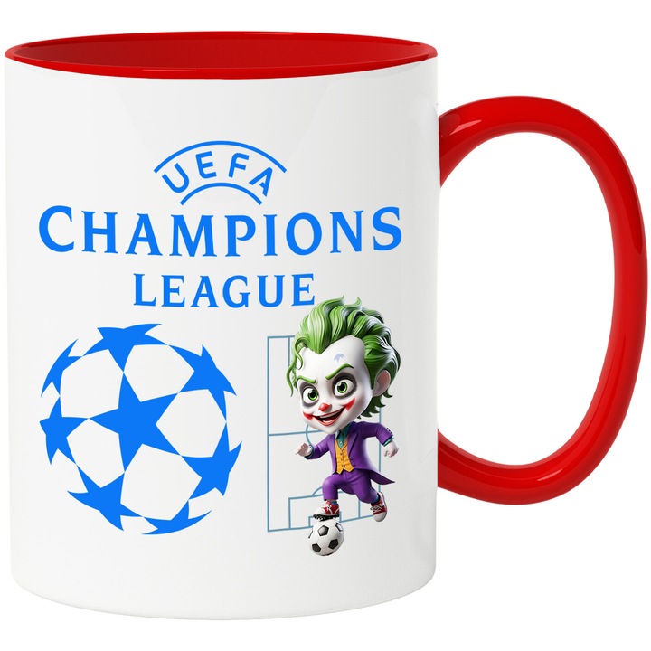Cana cu Joker, si Echipa de Fotbal Uefa Champions League, Ceramica, 330ML, Cu Maner si Interior Rosu