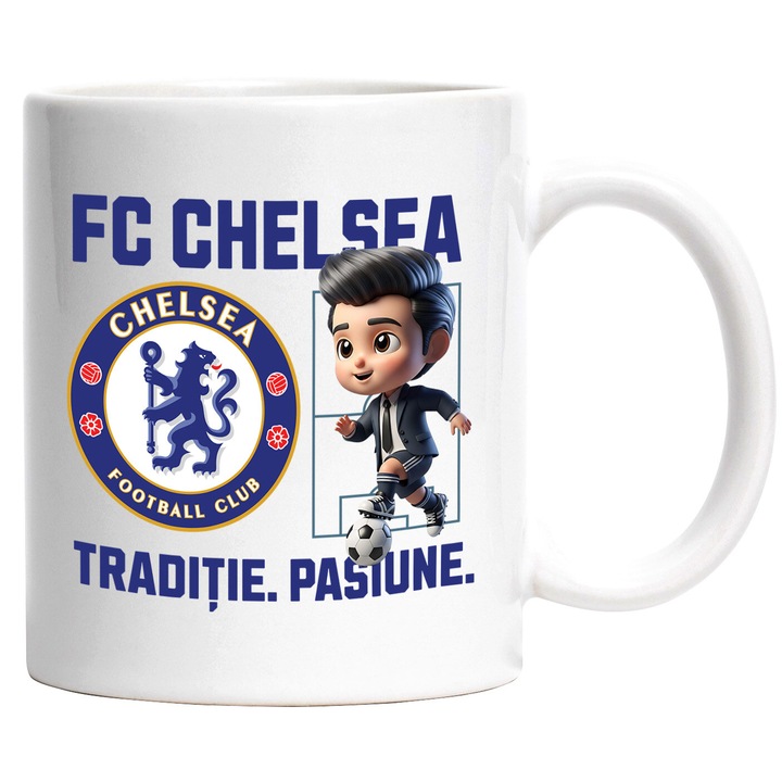 Cana cu Ken Barbie, si Echipa de Fotbal FC Chelsea, Ceramica, 330ML, Cu Maner si Interior Alb