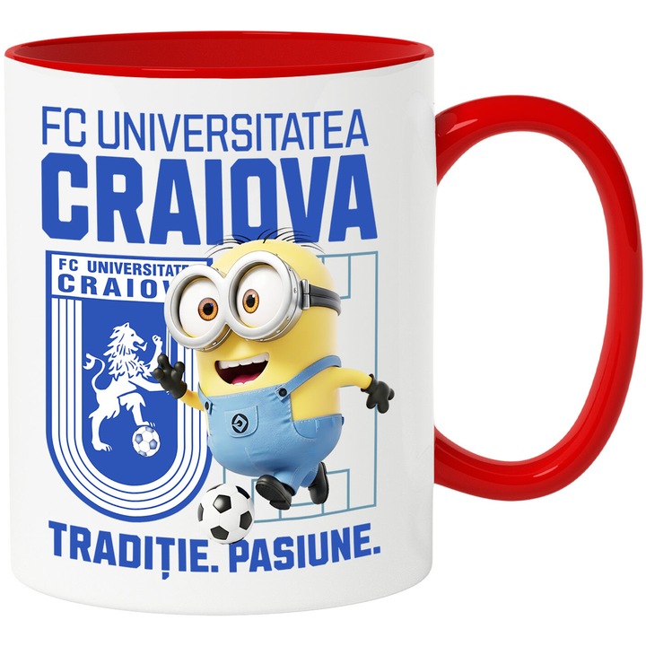 Cana cu Minion, si Echipa de Fotbal FC Universitatea Craiova, Ceramica, 330ML, Cu Maner si Interior Rosu