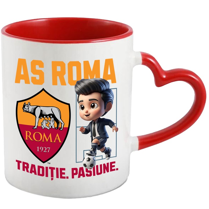 Cana cu Ken Barbie, si Echipa de Fotbal AS Roma, Ceramica, 330ML, Cu Maner Inima Rosie si Interior Rosu