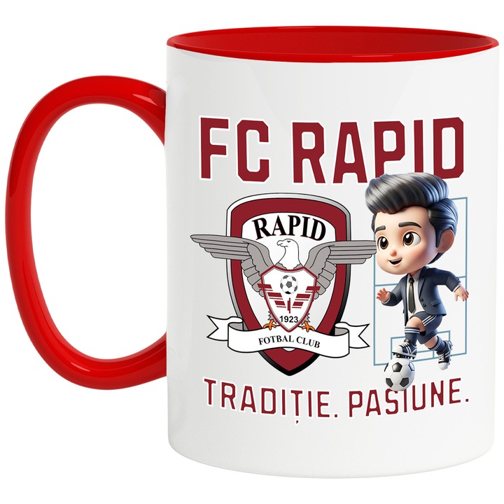 Cana cu Ken Barbie, si Echipa de Fotbal FC Rapid, Ceramica, 330ML, Cu Maner si Interior Rosu