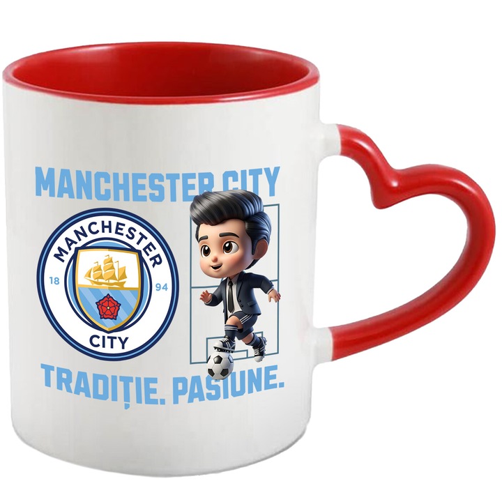 Cana cu Ken Barbie, si Echipa de Fotbal Mancester City, Ceramica, 330ML, Cu Maner Inima Rosie si Interior Rosu