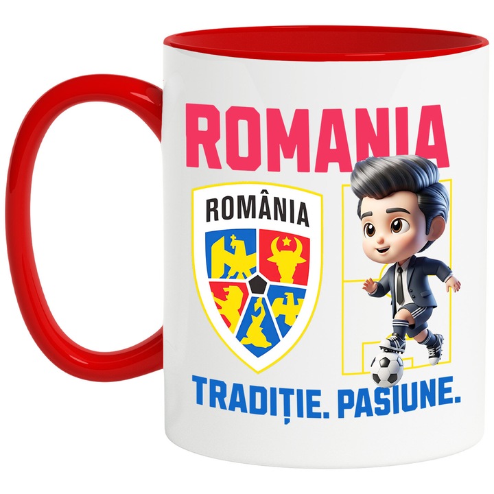 Cana cu Ken Barbie, si Echipa de Fotbal Romania, Ceramica, 330ML, Cu Maner si Interior Rosu