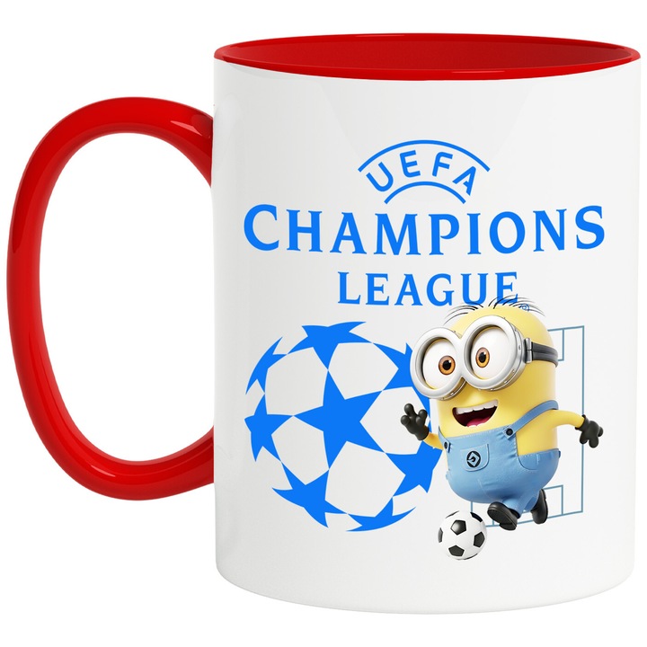 Cana cu Minion, si Echipa de Fotbal Uefa Champions League, Ceramica, 330ML, Cu Maner si Interior Rosu