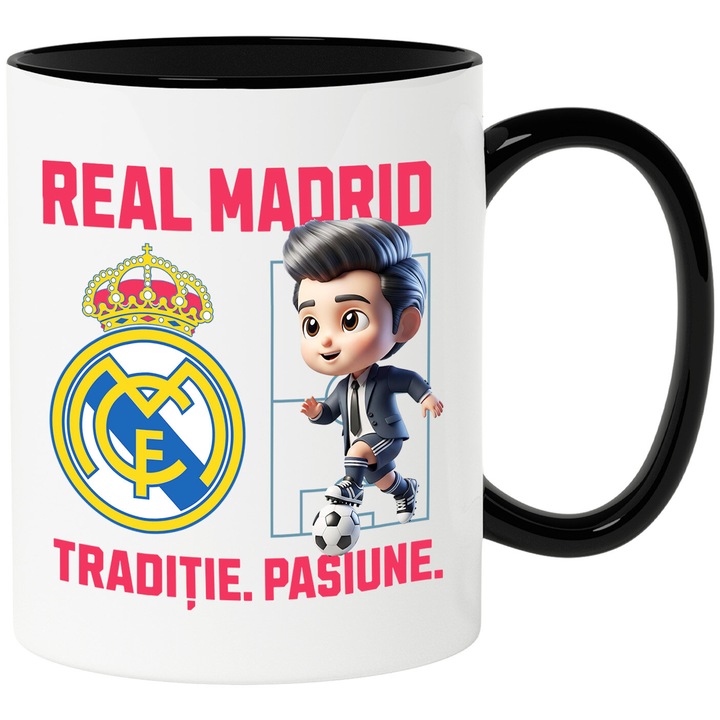 Cana cu Ken Barbie, si Echipa de Fotbal Real Madrid, Ceramica, 330ML, Cu Maner si Interior Negru