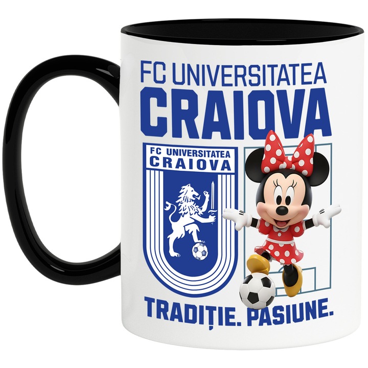 Cana cu Minnie Mouse, si Echipa de Fotbal FC Universitatea Craiova, Ceramica, 330ML, Cu Maner si Interior Negru