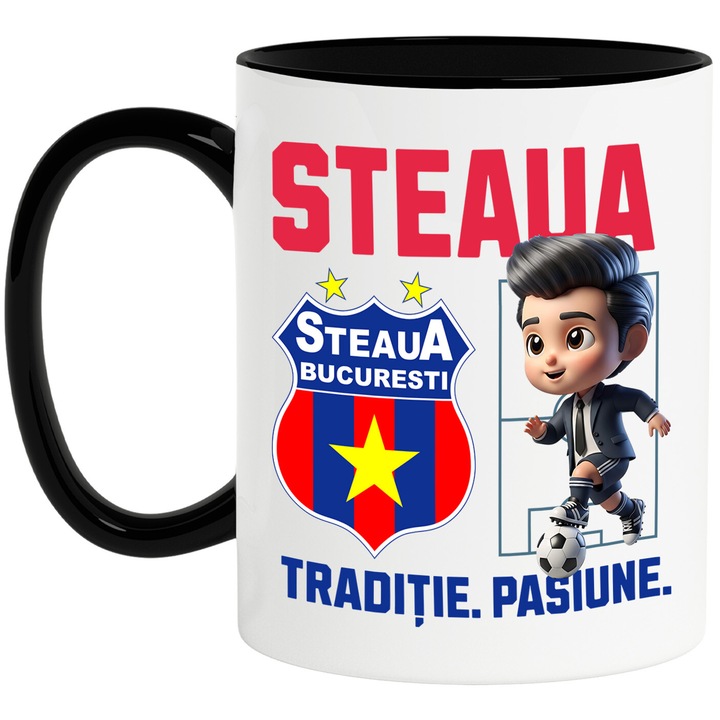 Cana cu Ken Barbie, si Echipa de Fotbal Steaua, Ceramica, 330ML, Cu Maner si Interior Negru