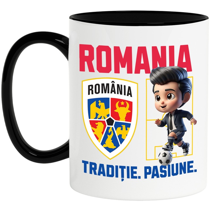 Cana cu Ken Barbie, si Echipa de Fotbal Romania, Ceramica, 330ML, Cu Maner si Interior Negru