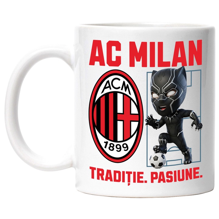 Cana cu Pantera Neagra, si Echipa de Fotbal AC Milan, Ceramica, 330ML, Cu Maner si Interior Alb