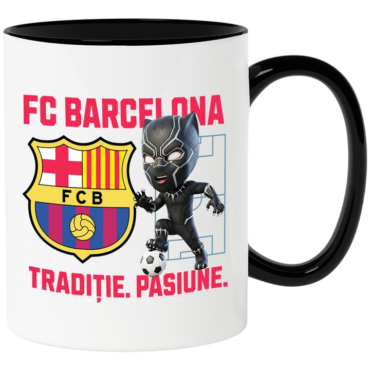 Cana cu Pantera Neagra, si Echipa de Fotbal FC Barcelona, Ceramica, 330ML, Cu Maner si Interior Negru