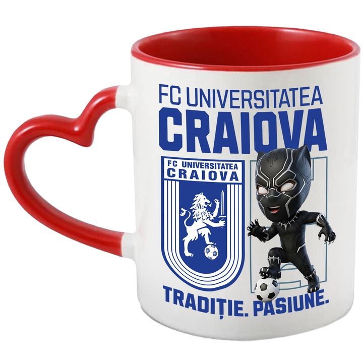 Cana cu Pantera Neagra, si Echipa de Fotbal FC Universitatea Craiova, Ceramica, 330ML, Cu Maner Inima Rosie si Interior Rosu