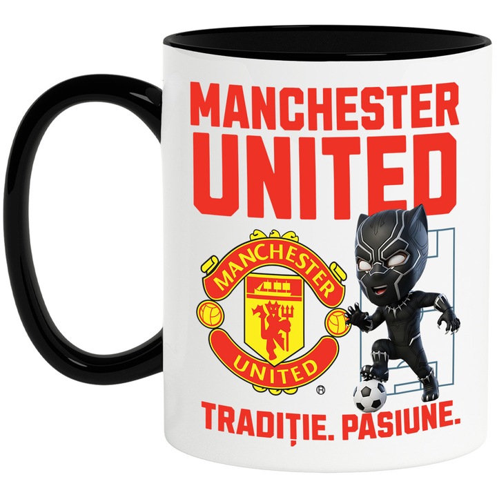 Cana cu Pantera Neagra, si Echipa de Fotbal Manchester United, Ceramica, 330ML, Cu Maner si Interior Negru